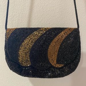 Vintage beaded Art Deco 70s 80s clutch purse black